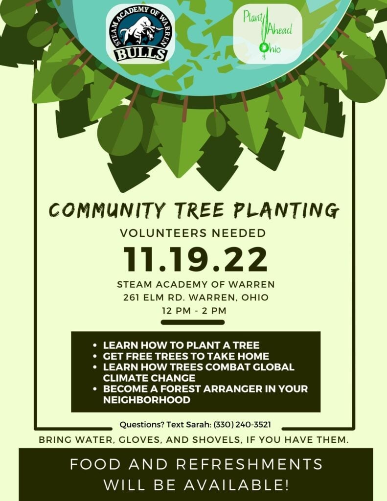 Flyer for a community tree planting event with date, time, and activities.